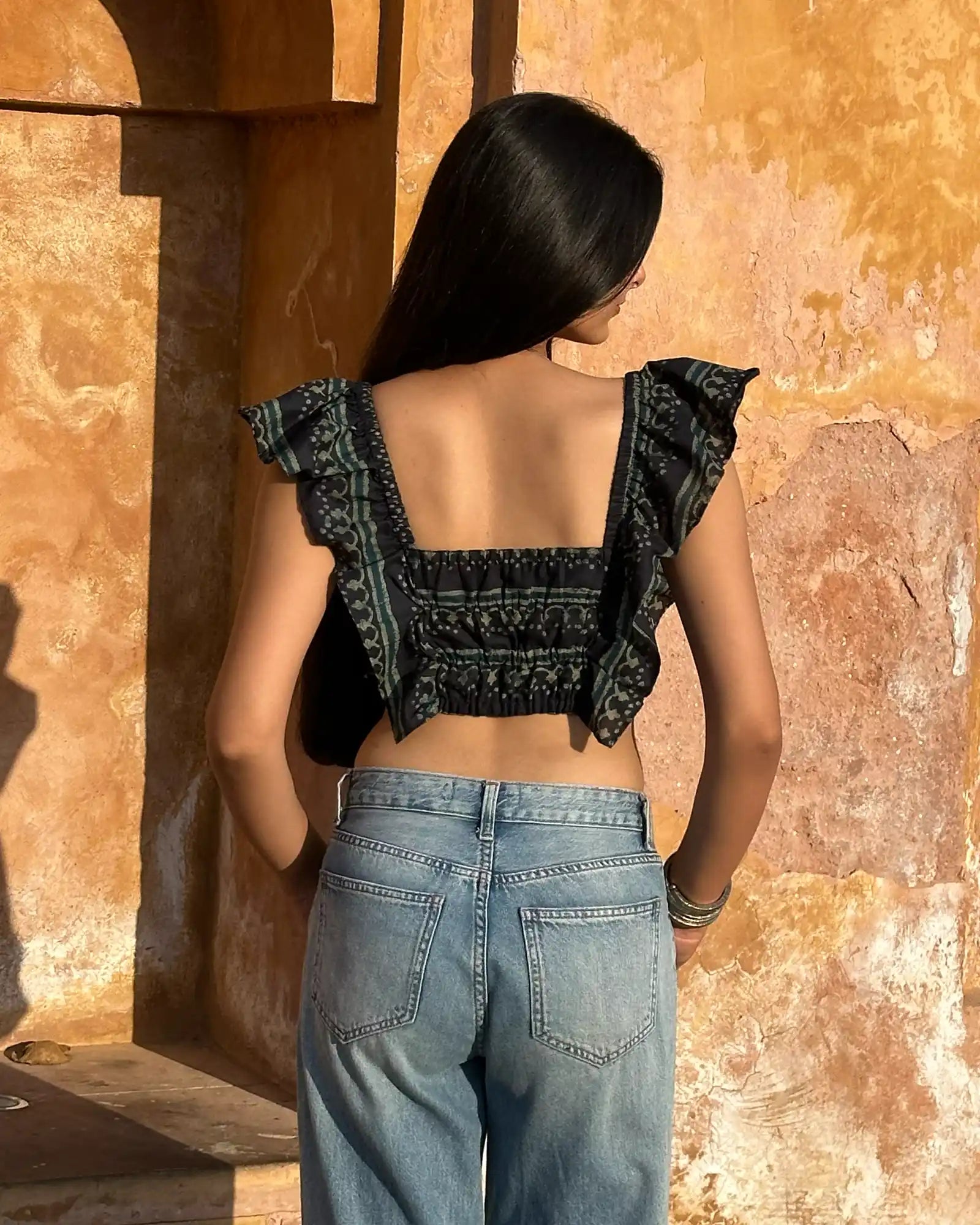 Navy Rooh frill top