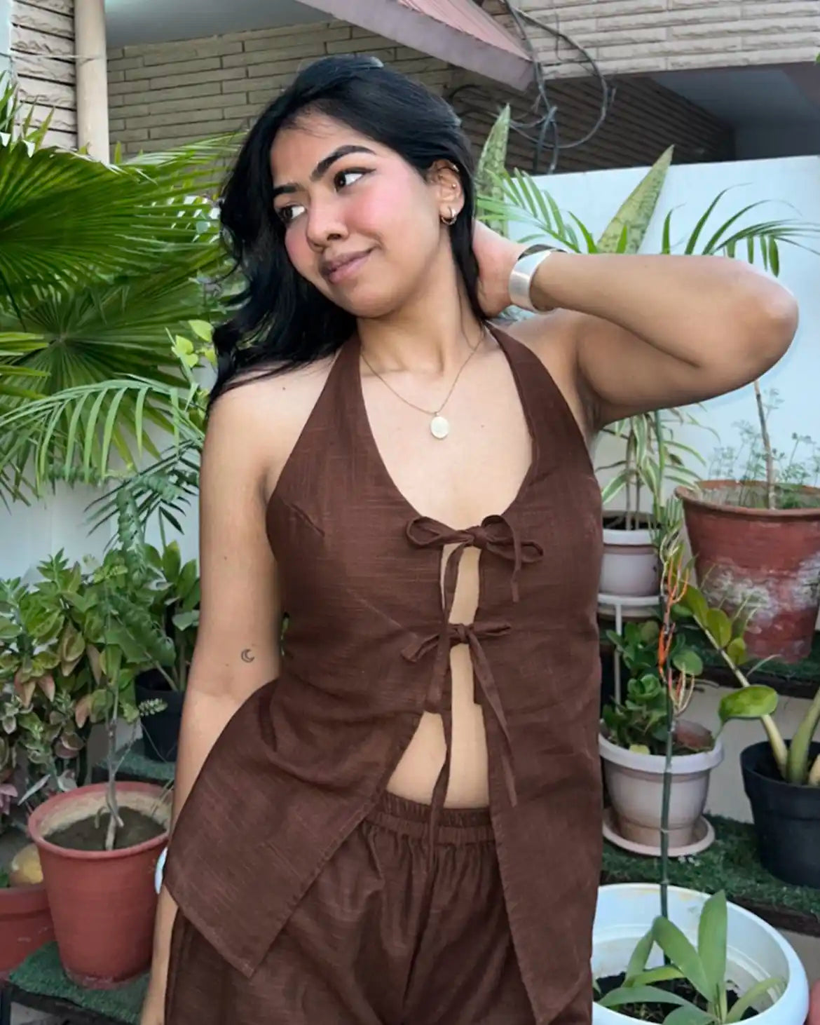 Chocolate Brown Strings Attached Top (padded)