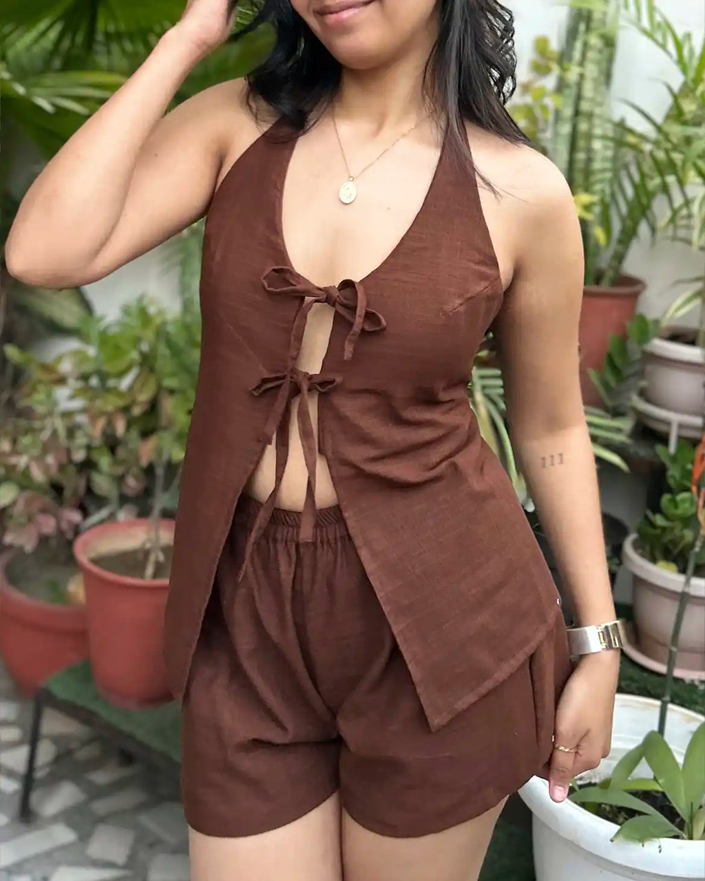 Chocolate Brown Strings Attached Top (padded)
