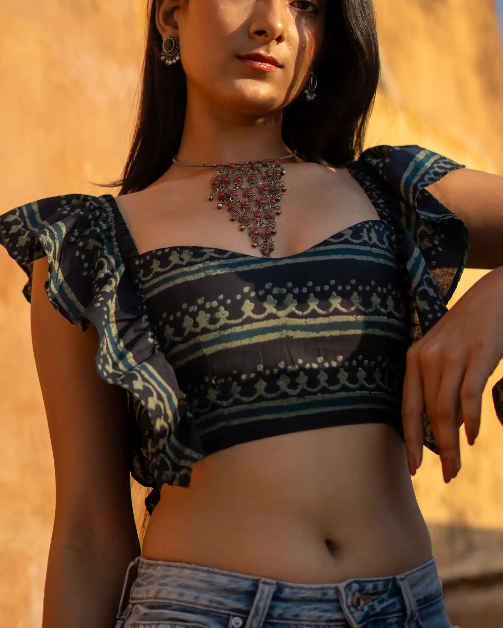 Navy Rooh frill top
