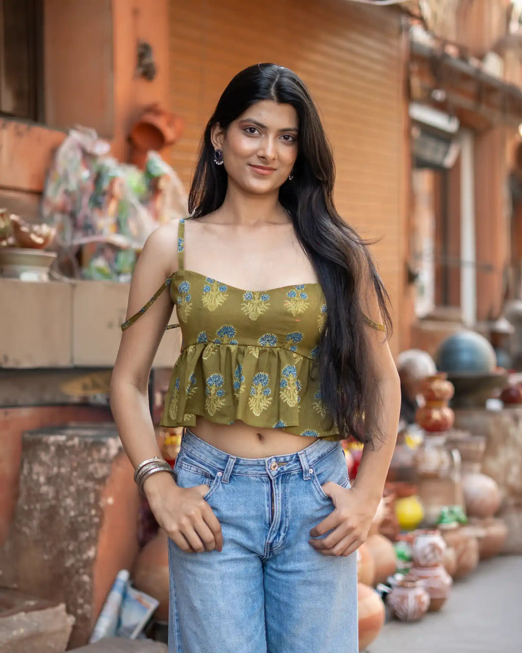 Saanjh Olive sweetheart Neck Top