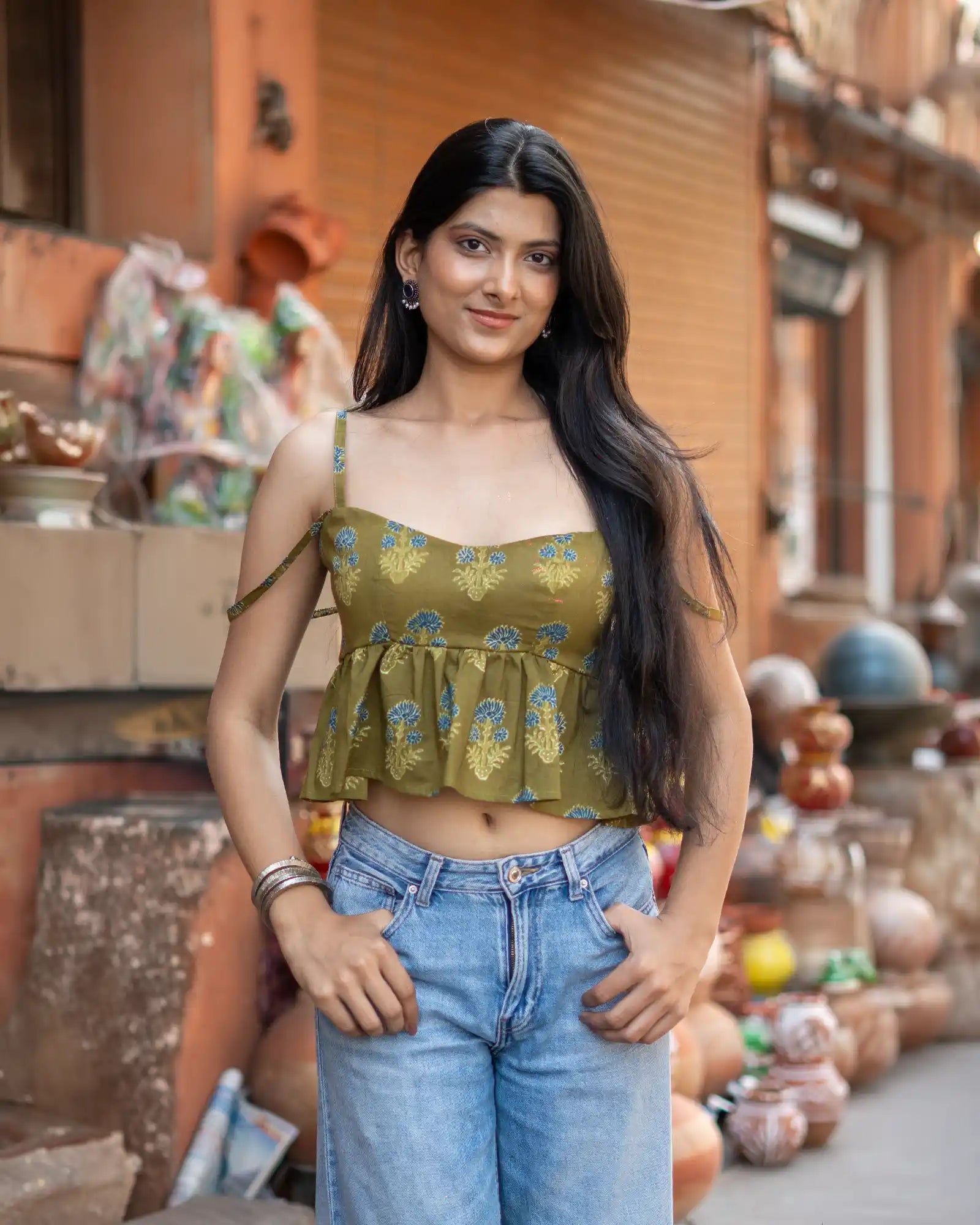 Saanjh Olive sweetheart Neck Top